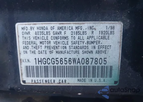 1998 Honda Accord Ex z USA, uszkodzony, nr VIN 1HGCG5656WA087805